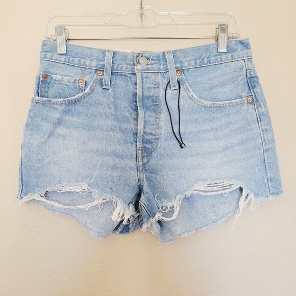 Levis 501 Cut Off Jean Shorts Size 27 Blue Distressed High Rise Button Fly Beach - Picture 1 of 8